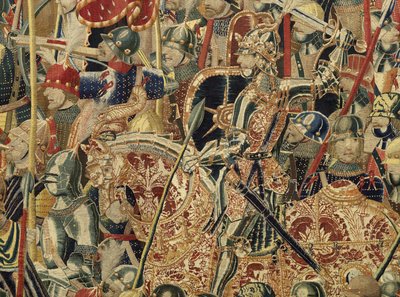 Kuvakudos, joka esittää Portugalin kuninkaan Alfonso V:n valloitukset (Conquistas de Alfonso V de Portugal), Tournaissa. Yksityiskohta. (villa ja silkki) tekijältä Flemish School