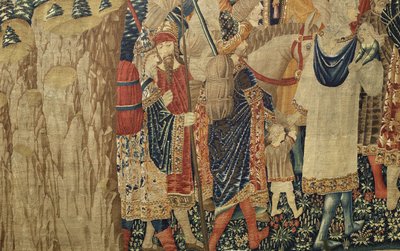Kuvakudos, joka esittää Portugalin kuninkaan Alfonso V:n valloitukset (Conquistas de Alfonso V de Portugal), Tournaissa. Yksityiskohta. (villa ja silkki) tekijältä Flemish School