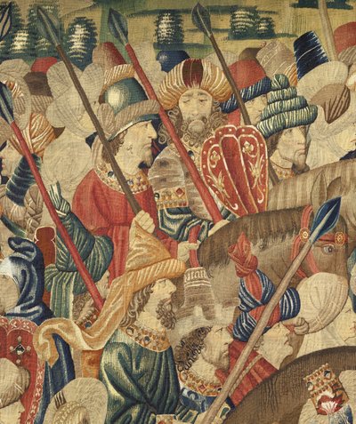 Kuvakudos, joka esittää Portugalin kuninkaan Alfonso V:n valloitukset (Conquistas de Alfonso V de Portugal), Tournaissa. Yksityiskohta. (villa ja silkki) tekijältä Flemish School