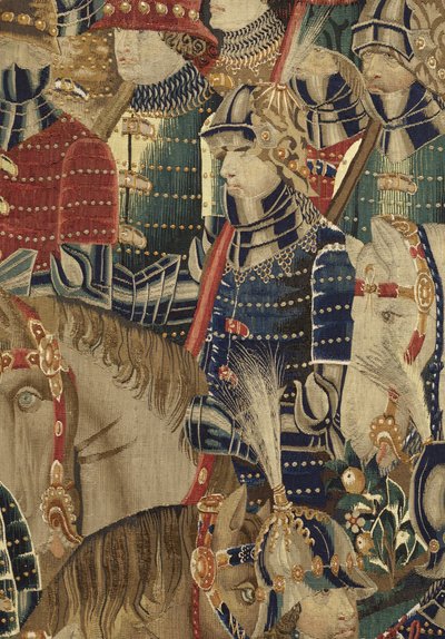 Kuvakudos, joka esittää Portugalin kuninkaan Alfonso V:n valloitukset (Conquistas de Alfonso V de Portugal), Tournaissa. Yksityiskohta. (villa ja silkki) tekijältä Flemish School