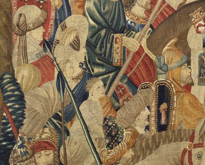 Kuvakudos, joka esittää Portugalin kuninkaan Alfonso V:n valloitukset (Conquistas de Alfonso V de Portugal), Tournaissa. Yksityiskohta. (villa ja silkki) tekijältä Flemish School