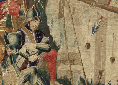 Kuvakudos, joka esittää Portugalin kuninkaan Alfonso V:n valloitukset (Conquistas de Alfonso V de Portugal), Tournaissa. Yksityiskohta. (villa ja silkki) tekijältä Flemish School
