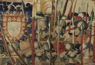 Kuvakudos, joka esittää Portugalin kuninkaan Alfonso V:n valloitukset (Conquistas de Alfonso V de Portugal), Tournaissa. Yksityiskohta. (villa ja silkki) tekijältä Flemish School