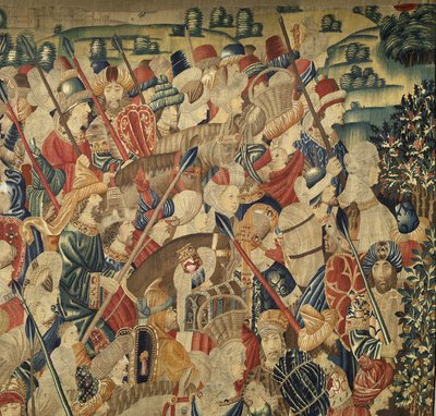 Kuvakudos, joka esittää Portugalin kuninkaan Alfonso V:n valloitukset (Conquistas de Alfonso V de Portugal), Tournaissa. Yksityiskohta. (villa ja silkki) tekijältä Flemish School