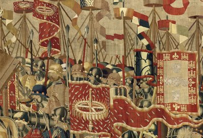 Kuvakudos, joka esittää Portugalin kuninkaan Alfonso V:n valloitukset (Conquistas de Alfonso V de Portugal), Tournaissa. Yksityiskohta. (villa ja silkki) tekijältä Flemish School