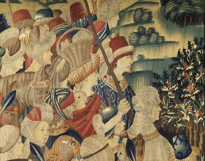 Kuvakudos, joka esittää Portugalin kuninkaan Alfonso V:n valloitukset (Conquistas de Alfonso V de Portugal), Tournaissa. Yksityiskohta. (villa ja silkki) tekijältä Flemish School