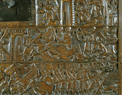 Courtrai-arkku, joka kuvaa kapinaa Bruggessa 18. toukokuuta Golden Spurs -taistelun aikana, joka käytiin Courtraissa vuonna 1302 (puu) (yksityiskohta) tekijältä Flemish School