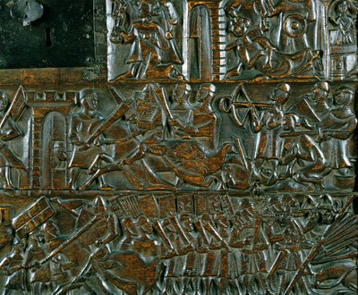 Courtrai Chest, joka kuvaa kahta kohtausta Golden Spurs -taistelusta, joka käytiin Courtraissa vuonna 1302 (puu) (yksityiskohta) tekijältä Flemish School