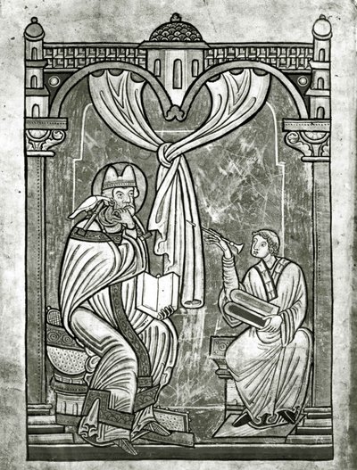 Pyhän Gregoryn (n. 540-604) ekstaasi, jonka diakoni Peter näki hänen mandiininsa lävistämän verhon läpi tekijältä Flemish School
