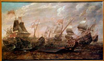 Invincible Armada -meritaistelu, jossa espanjalainen Armada voitti englantilaista laivastoa elokuussa 1588, flaamilainen koulu tekijältä Flemish School