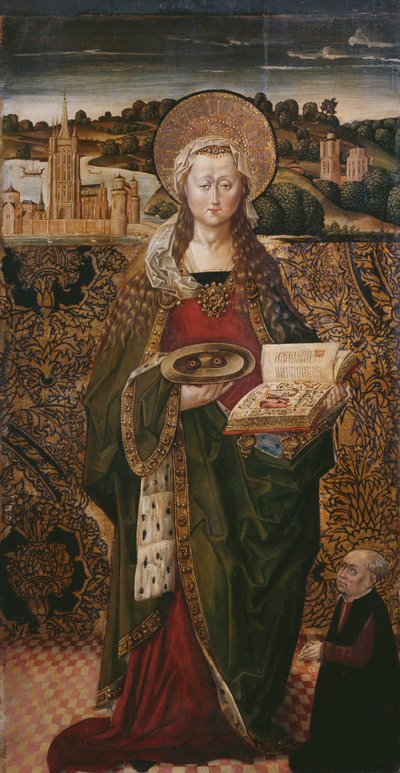 Triptyykki, St. Lucy, vasen paneeli (katso myös 345909, 345911) tekijältä Flemish School