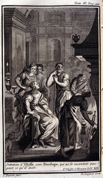 Ulysses haastatteli Penelopea, joka ei tunnista häntä siitä, mikä hän oli. Liustaatio kirjaan XIX Odyssee of Homeren Odysseessa, joka julkaistiin Amsterdamissa vuonna 1731, Collection privee Milan. tekijältä Flemish School
