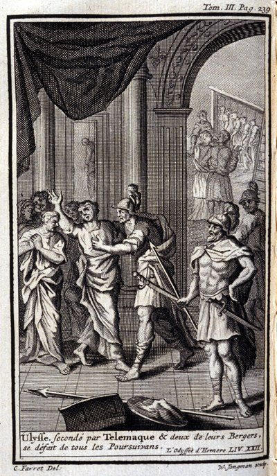 Telemaquen toinen Ulysses ja kaksi heidän paimentaan hajoittivat kaikki takaa-ajajat. Lustraatio XXII-kirjalle Odyssee of Homere, Odysseessa, julkaistu Amsterdamissa vuonna 1731, Collection privee Milan. tekijältä Flemish School