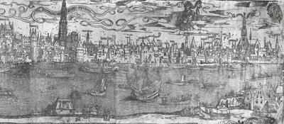 Näkymä Antwerpenin satamasta, yksityiskohta oikeanpuoleisesta osasta, 1515-50 tekijältä Flemish School