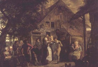 Kyläläiset iloitsevat maalaistalon ulkopuolella tekijältä Flemish School