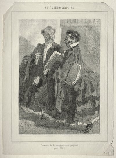 Krinolinografiat. Tuomaripuku ehdotettu vuodelle 1857. tekijältä Félicien Rops