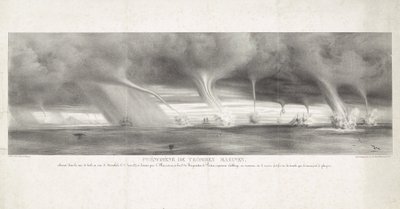Waterhozen op zee bij Sisiliassa, 1827 Vesinokkailmiö, havaittu Sisilian merellä Strombolin näköpiirissä, 27. kesäkuuta 1827 (otsikko esineessä) tekijältä Félix Achille Beaupoil Saint Aulaire