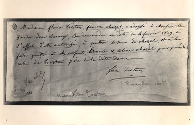 Flora Tristanin (1803-44) nimikirjoituksella varustettu kirje Ranskan oikeusministerille, jossa vaaditaan avioeroa, 4. helmikuuta 1839 tekijältä Flora Tristan