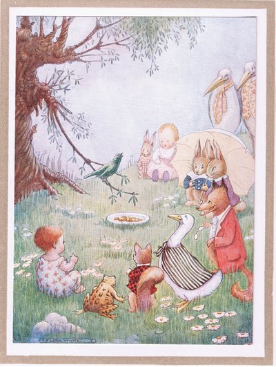 Ja se lauloi niin kauniisti, että ympäröivät asukkaat antoivat sille rahaa (värilitografia). tekijältä Flora White