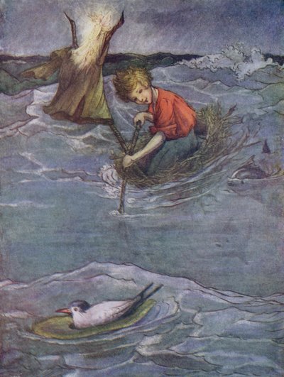 Pesä, jonka Never-Bird sanoi vaihtavansa veneeseen (värilitografia). tekijältä Flora White