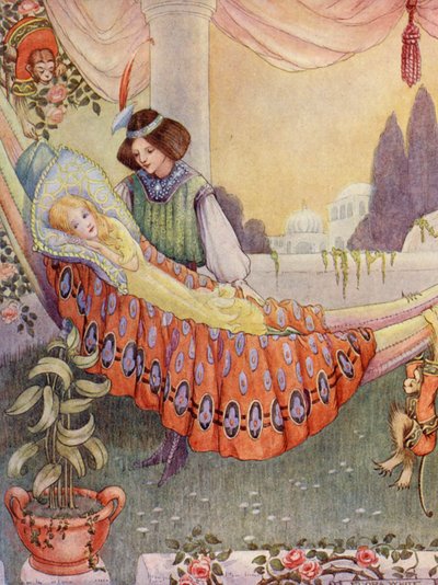 Prinsessa laittoi neidot riippumattoihin (värilitografia). tekijältä Flora White