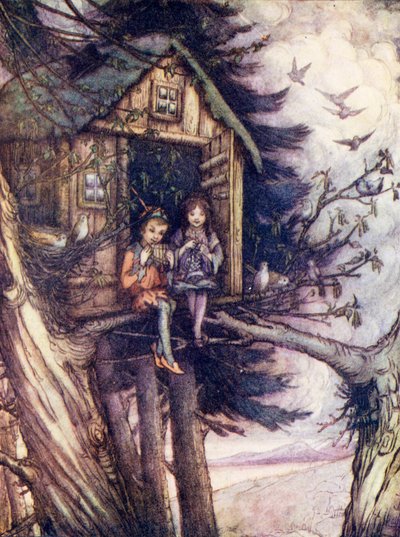 Puiden latvustot, jossa Wendy ja Peter elivät onnellisina (värilitografia). tekijältä Flora White