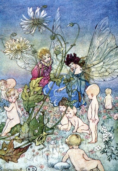 Nainen-sudenkorento (keiju) ja tonttu vauvojen ympäröimänä - Fiona Malcomin "My Fairyland" -kirjassa, ill. Florence Anderson tekijältä Florence Anderson