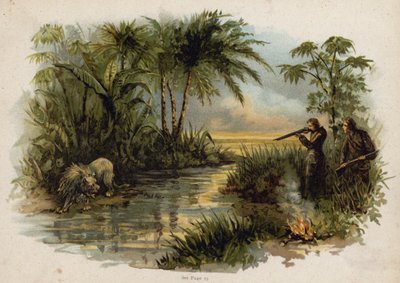 Kohtaus sveitsiläisestä Robinson-perheestä: leijonan metsästys (chromolitho) tekijältä Florence Maplestone