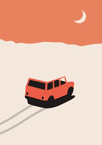 Punainen auto autiomaassa kuun kanssa tekijältä Florent Bodart