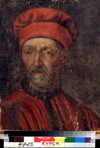 ""Varaan firenzeläisen pankkiirin Luca Pittin (1394-1472) muotokuva"" Hän antoi nimensä Pitti palazzolle) Firenzeläisen koulun maalaus 1500-luvun alusta Alueellinen Deineka-taidegalleria, Kursk Venäjä tekijältä Florentine School