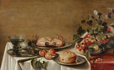 Asetelma, jossa on hedelmiä, rapuja ja leipää tekijältä Floris Gerritsz van Schooten