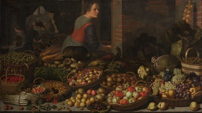 Asetelma hedelmien ja vihannesten kanssa, taustalla Kristus Emmauksessa tekijältä Floris Gerritsz van Schooten