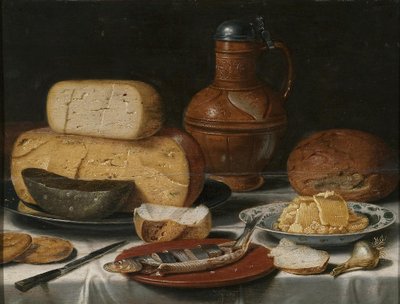 Asetelma, jossa on juustoa, silliä, leipää ja viiniä tekijältä Floris van Schooten