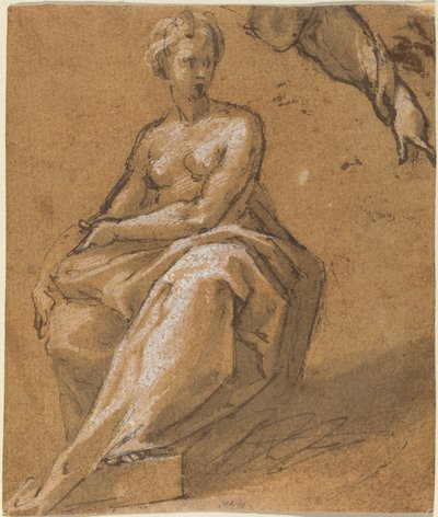 Istuva alasti verhoilla tekijältä Follower of Bartholomaeus Spranger