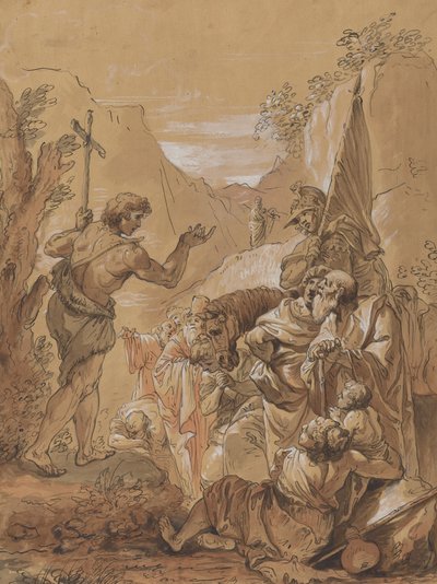 Johannes Kastajan saarnaa erämaassa tekijältä Follower of Francesco Fontebasso