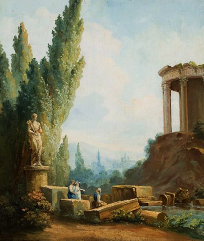 Tivolin Sibylli-temppelin rauniot maisemassa tekijältä Follower of Hubert Robert