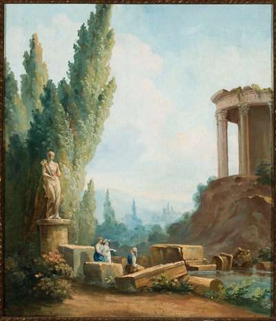 Tivolin Sibylli-temppelin rauniot maisemassa tekijältä Follower of Hubert Robert