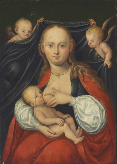 Neitsyt ja lapsi kahden enkelin kanssa tekijältä Follower of Lucas Cranach the Elder