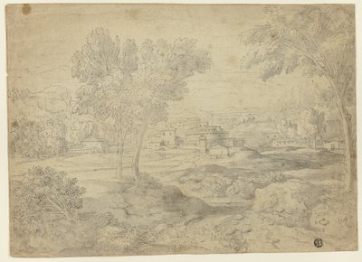 Italialainen maisema rakennuksilla tekijältä Follower of Nicolas Poussin