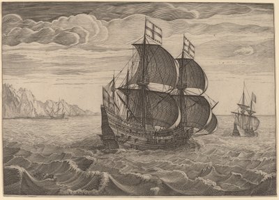 Laiva täydessä purjeessa kahdella lipulla tekijältä Follower of Pieter Bruegel the Elder