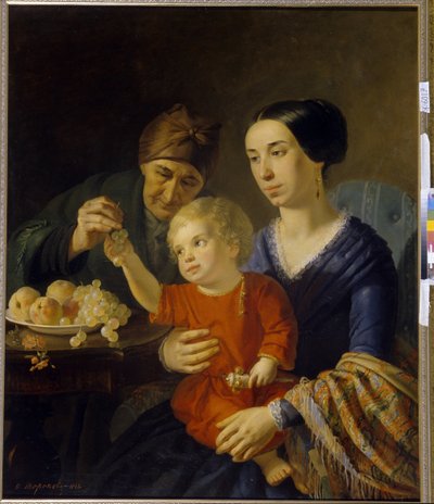 Perhekuva. Helistiä pitelevä vauva äitinsä sylissä saa isoäitinsä antamia viinirypäleitä. Foma Gavrilovich Toropovin (1821-1898) maalaus öljy kankaalle tekijältä Foma Gavrilovich Toropov