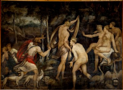 Diane (Artemis), metsästyksen jumalatar, ja Acteon, metsästäjä, Fontainebleaun koulun maalaus (1500-luku). Mitat 2,65 x 3,67 m tekijältä Fontainebleau School