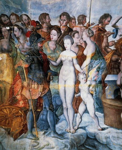 Henry II ja Diane de Poitiers, freskot Liguen kullatussa tornissa, Fontainebleaun koulu, Tanlayn linna (1500-1600-luku), Burgundy, Ranska tekijältä Fontainebleau School
