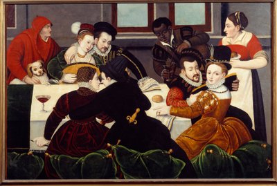 Mahtava ateria Couples Enlaces, mustan ihon palvelija. Fontainebleaun koulun maalaus. 1500-luvun Aix en Provence, Musee Granet tekijältä Fontainebleau School