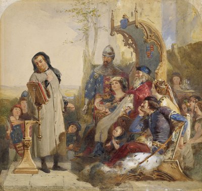 Chaucer Edward III:n hovissa - Akvarelliversio tekijältä Ford Madox Brown