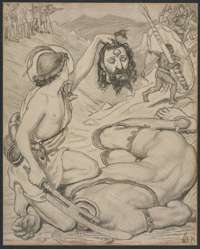 David ja Goljat, sarjakuva lasimaalauksille Jesus Collegessa, Cambridgessa tekijältä Ford Madox Brown