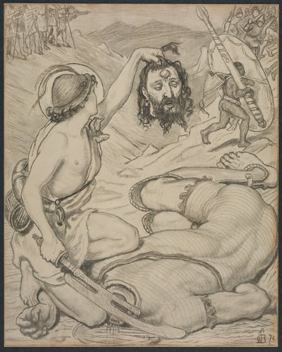 David ja Goljat, sarjakuva lasimaalauksille Jesus Collegessa, Cambridgessa, 1872. tekijältä Ford Madox Brown