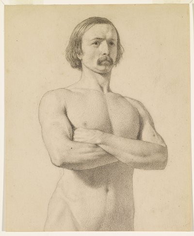 Male Nude - Akateeminen alastonkuva, puolipitkä, viikset ja kädet taitettuna tekijältä Ford Madox Brown