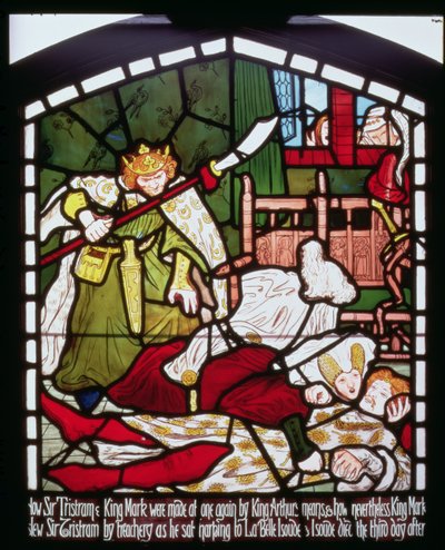 Sir Tristanin kuolema, elokuvasta The Story of Tristan and Isolde, William Morris und Co. (lasimaalaus) tekijältä Ford Madox Brown