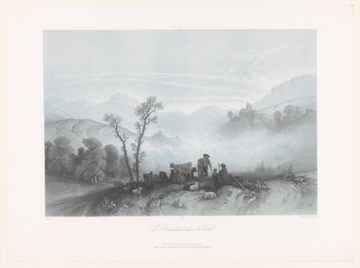 Paimenet lehmien ja lampaiden kanssa sumuisessa laaksossa Le Brouillard dans la Vallée (otsikko esineessä) tekijältä Fortuné Ferogio